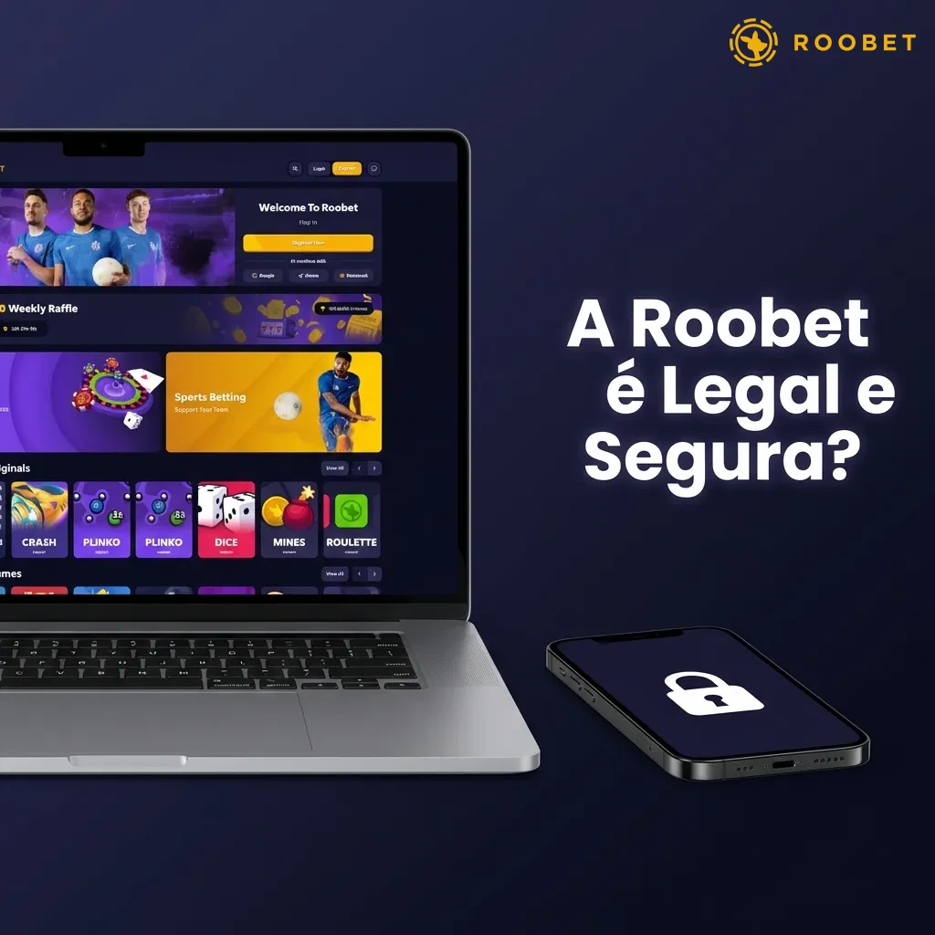 Tela de computador mostrando plataforma Roobet com símbolos de segurança e licença de Curaçao