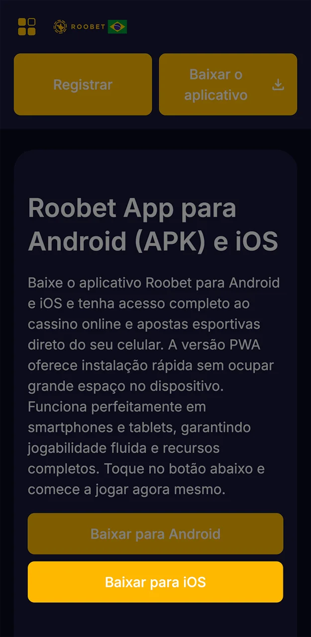 Use o botão amarelo para iniciar a instalação do aplicativo Roobet.