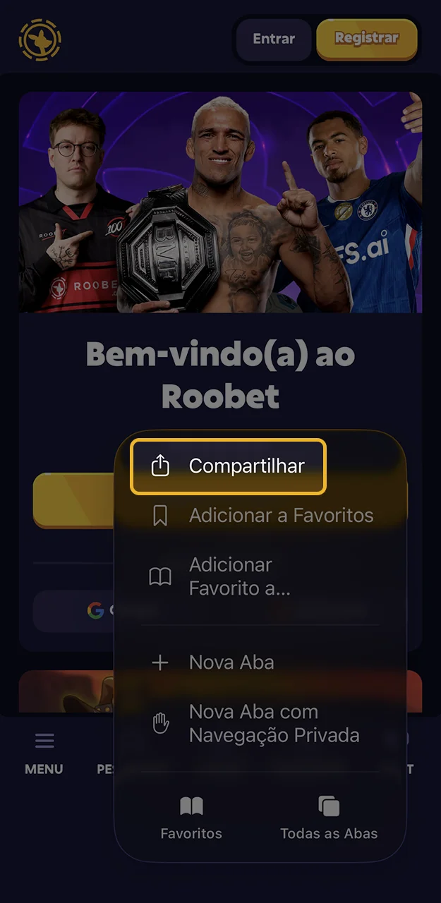 Selecione a função Compartilhar nas configurações do navegador Safari para instalar o aplicativo Roobet.