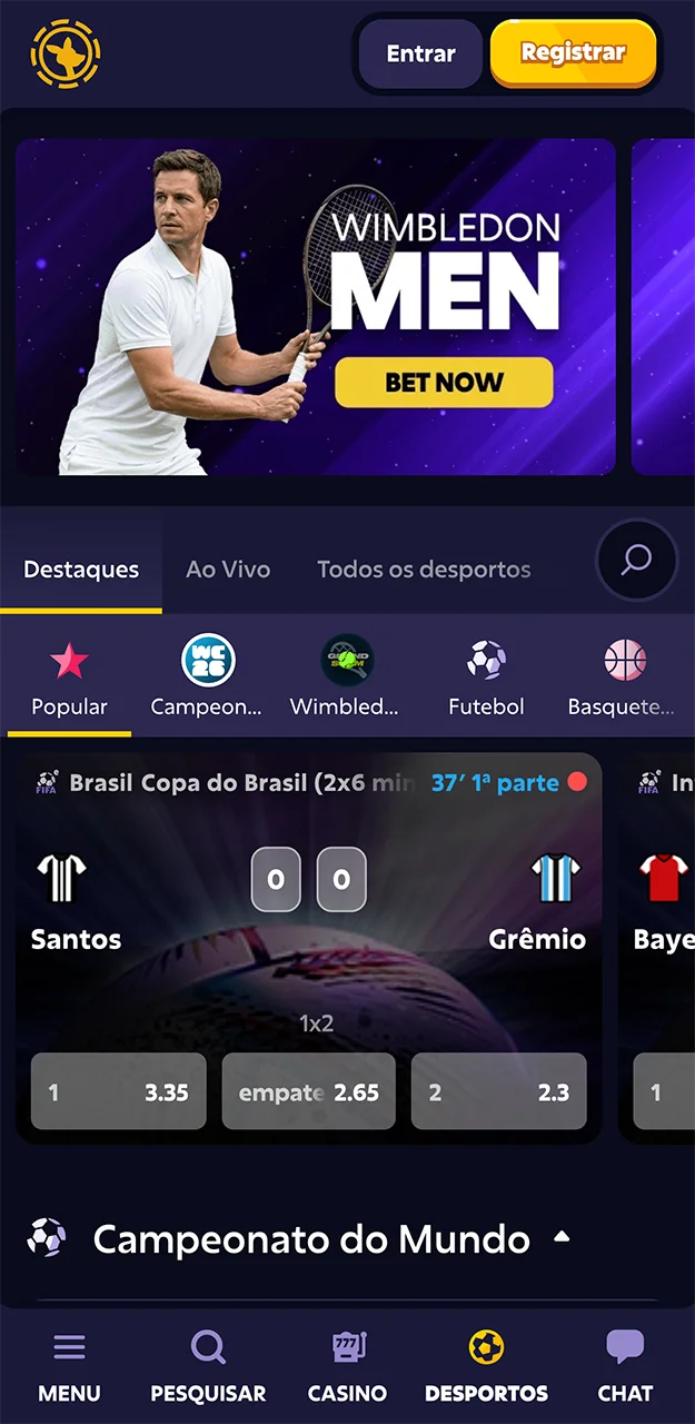 Apostas esportivas no aplicativo Roobet.
