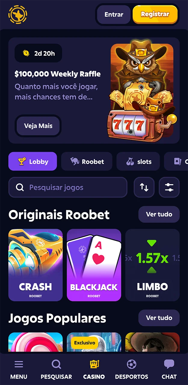 Caça-níqueis e jogos ao vivo do cassino Roobet.