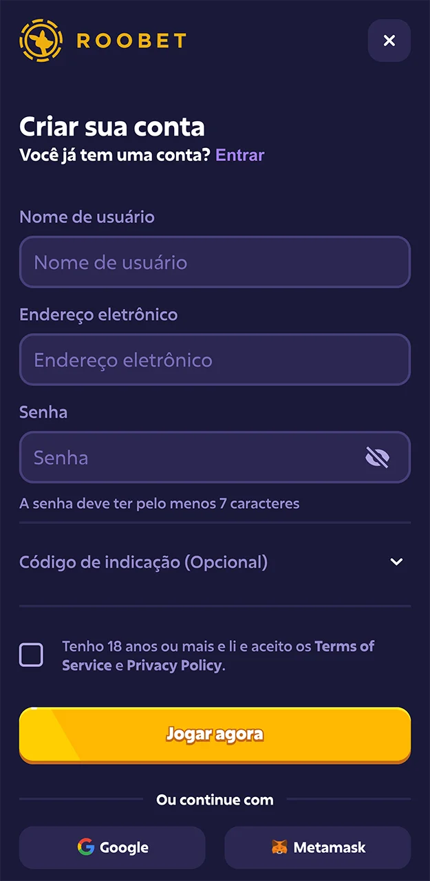 Formulário para cadastro de conta no aplicativo Roobet.