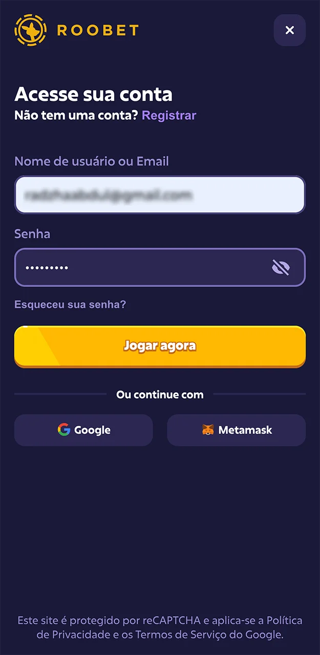 Insira os dados necessários para acessar sua conta no site da Roobet.