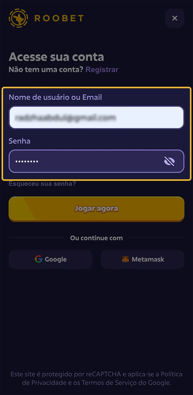 Verifique se os dados inseridos, necessários para fazer login na plataforma Roobet, estão corretos.