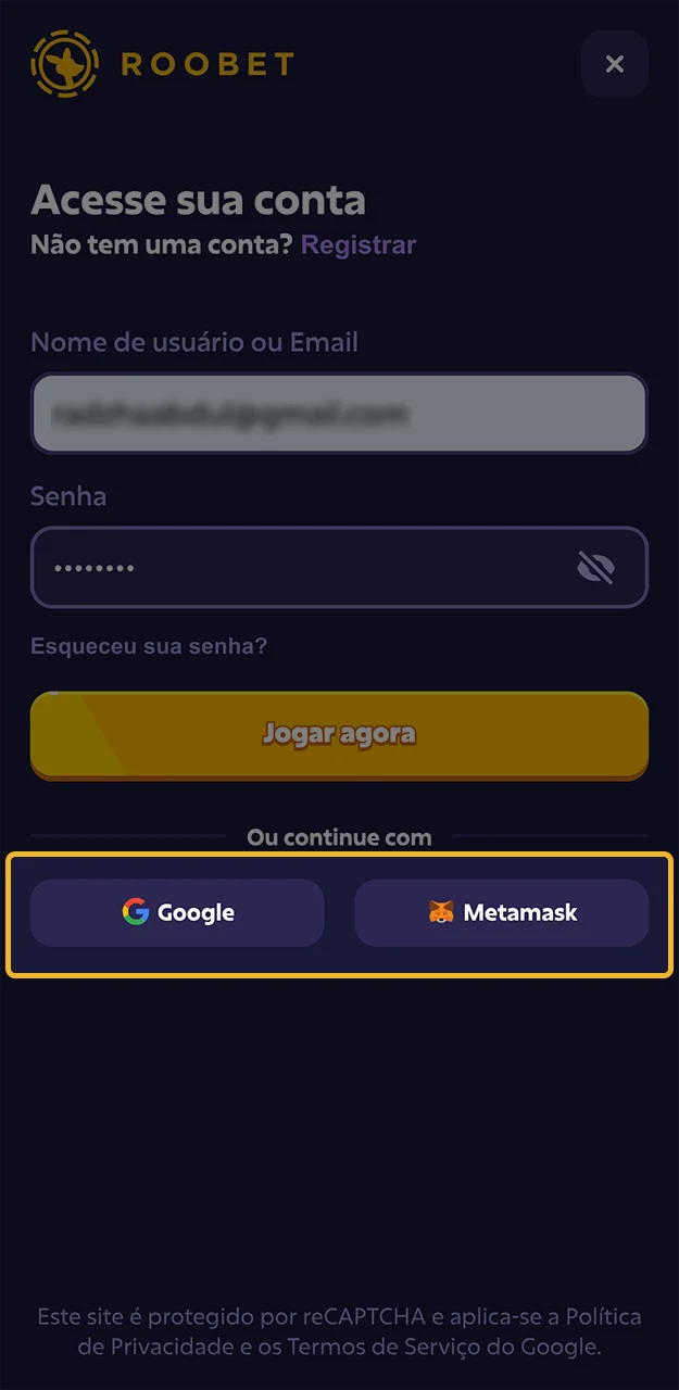 Para fazer login rapidamente no site da Roobet, use as redes sociais.