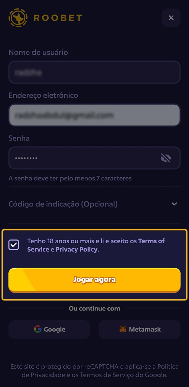 Leia os termos e condições e conclua o cadastro no site da Roobet.