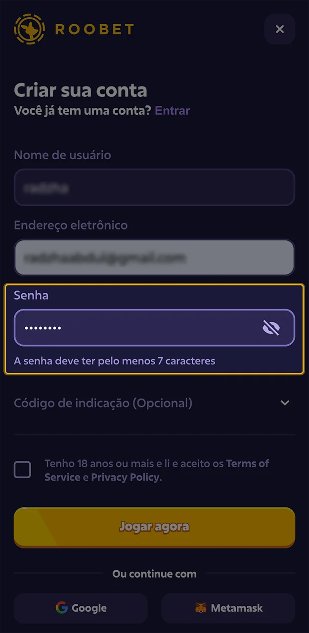 Crie e memorize uma senha exclusiva para a sua conta no site Roobet.