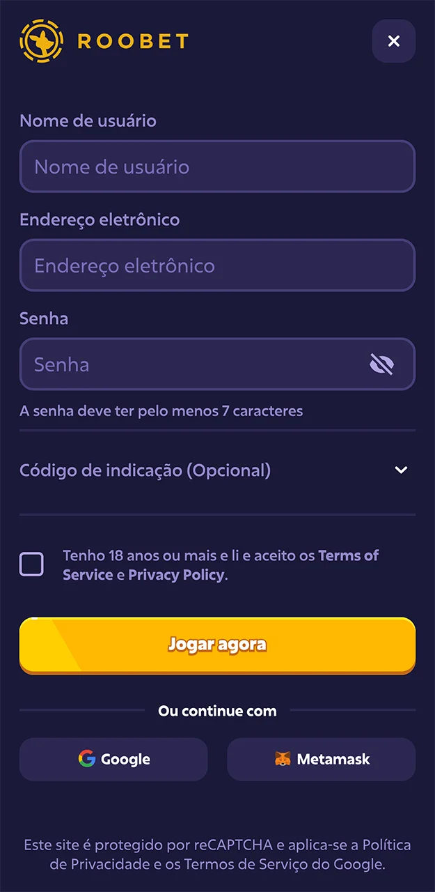 Escolha o método de cadastro de sua preferência no aplicativo Roobet.