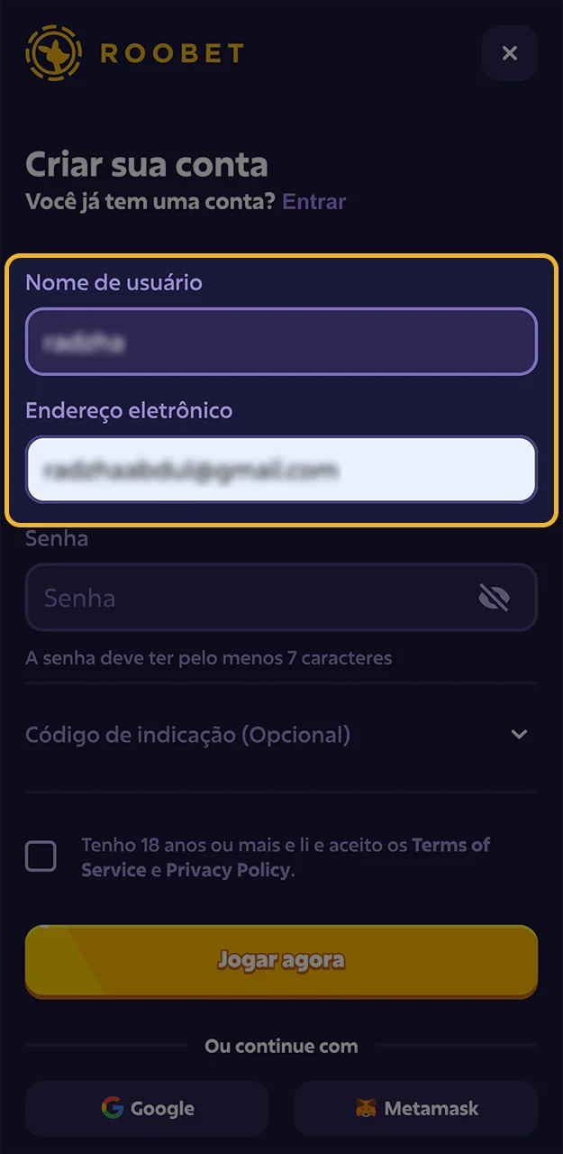 Insira apenas dados verdadeiros ao se cadastrar na casa de apostas Roobet.