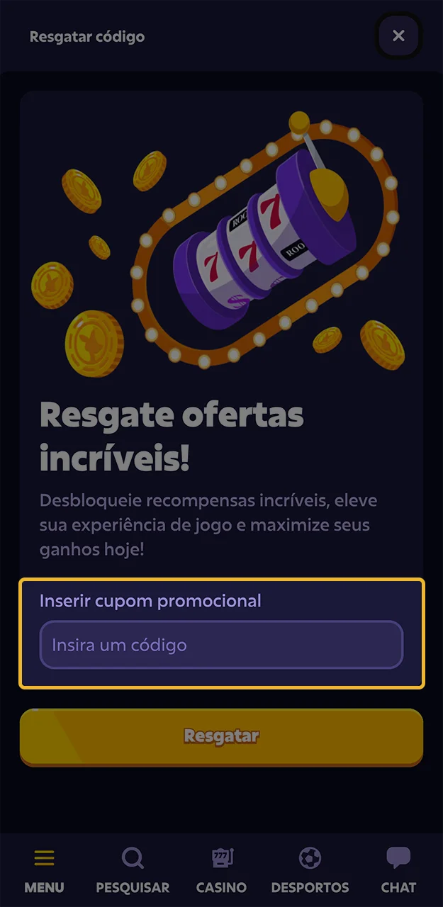 Encontre o campo para o código promocional no site da Roobet e insira-o.