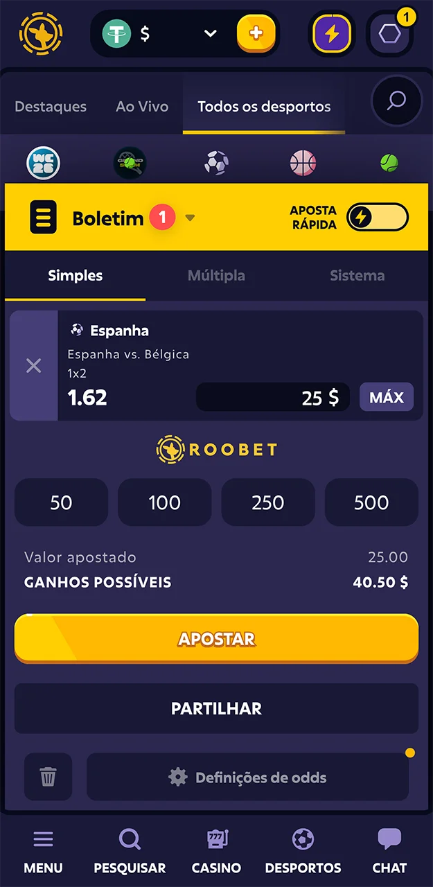Insira o valor da aposta e confirme-o no site da Roobet.