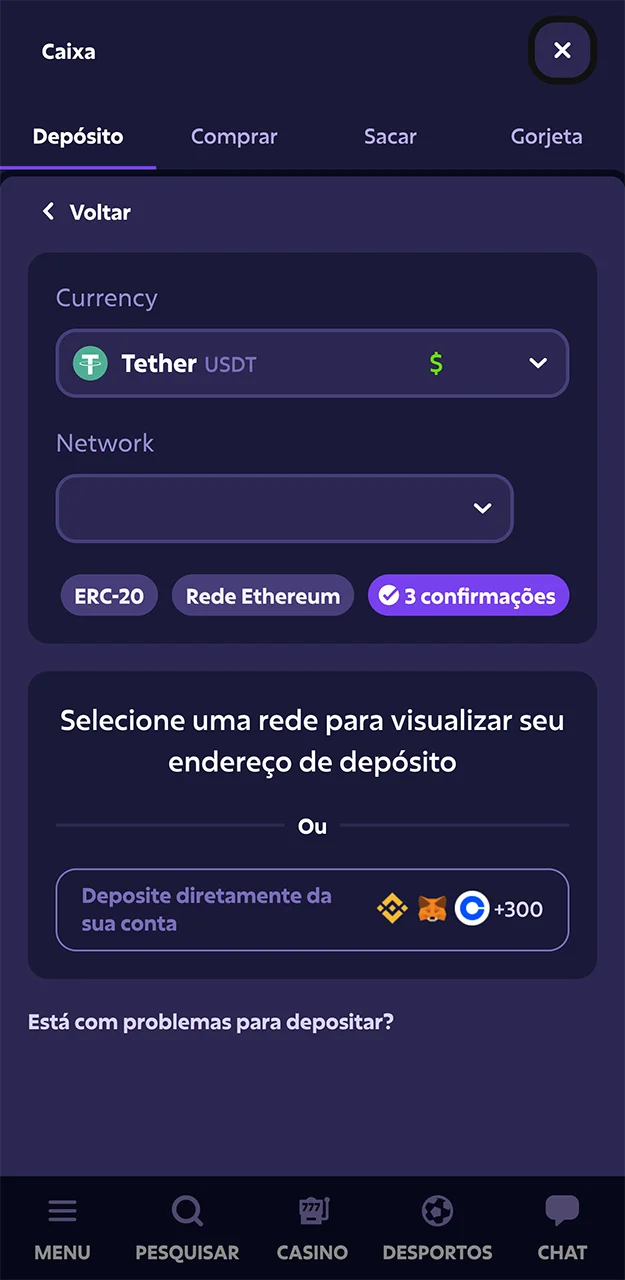 Use a moeda USDT para fazer apostas no site Roobet.
