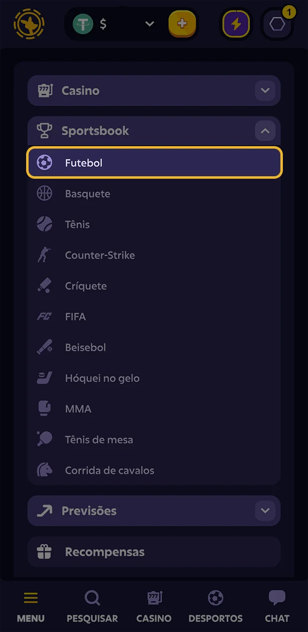 Acesse a seção de apostas e escolha futebol para apostar no aplicativo Roobet.