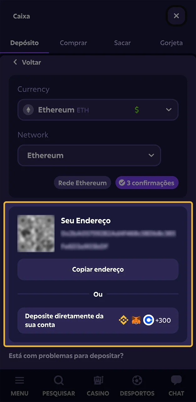 Copie o endereço para recarga da conta no site da Roobet e faça o depósito.