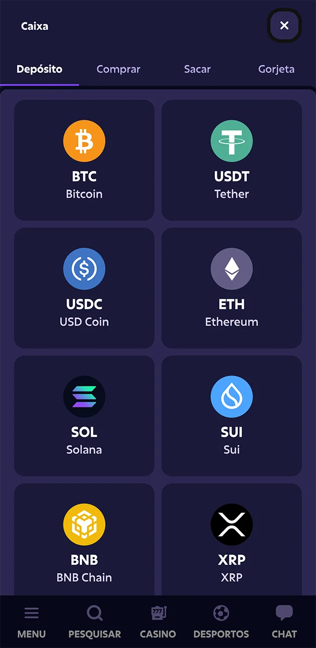 Use a criptomoeda Ethereum para fazer um depósito no aplicativo Roobet.