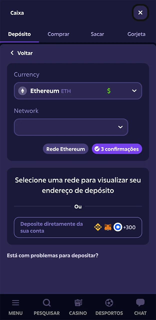 Confira o formulário de depósito no aplicativo Roobet.