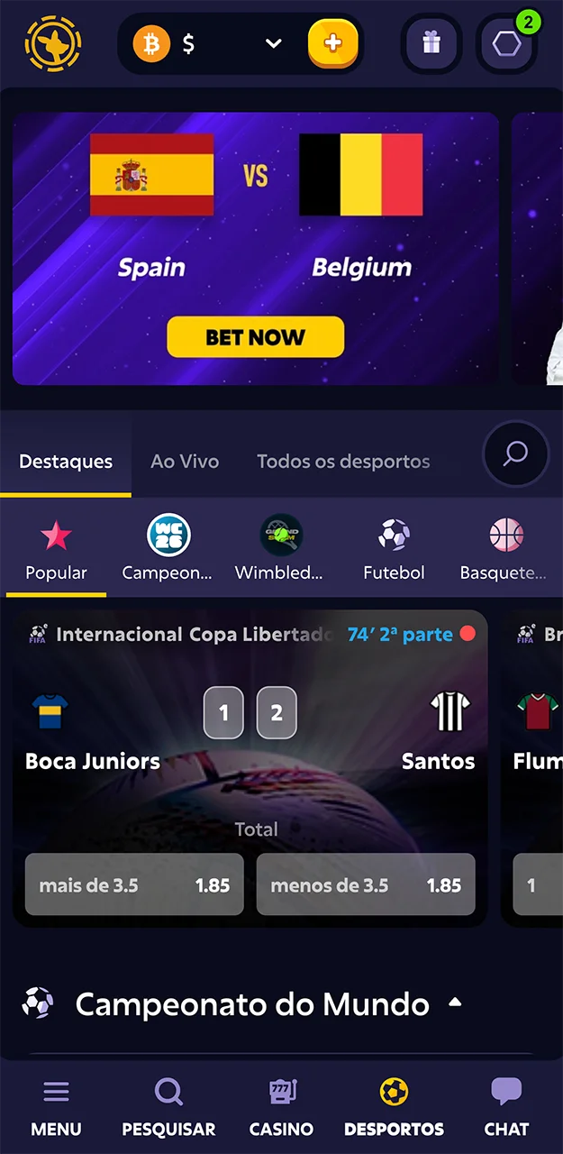 Abra a aba de apostas no site da Roobet e escolha a partida que mais lhe interessa.