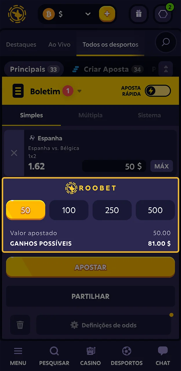 Insira o valor da sua aposta no site da Roobet.