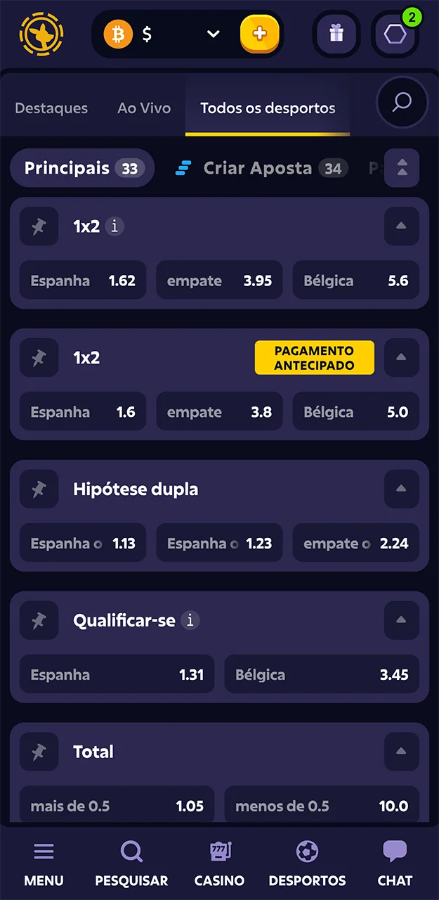 Confira as apostas disponíveis para jogos de futebol no aplicativo Roobet.
