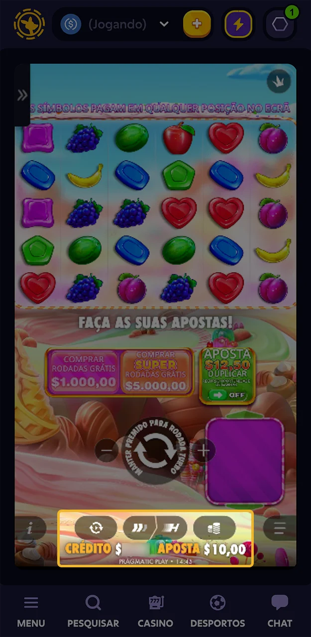 Escolha o valor da aposta no jogo Sweet Bonanza do cassino Roobet.