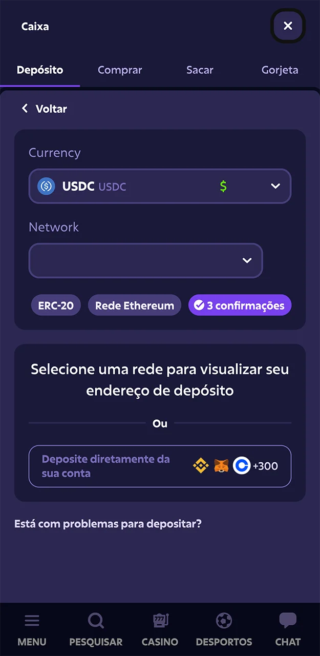 Use criptomoedas para fazer um depósito no cassino Roobet.
